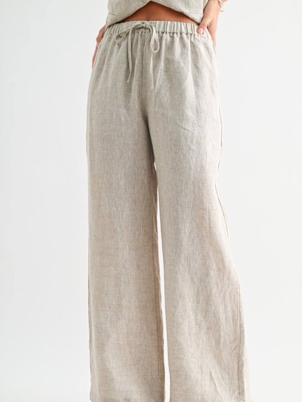 NWT 100% Linen Natural Oatmeal Color Pants Elastic Waist Band Straight Leg Cut